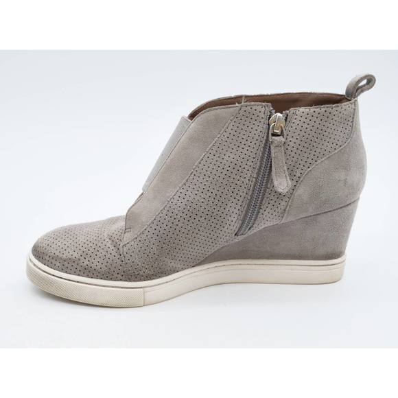 Linea Paolo Booties Women 7 Gray Suede Perforated Wedge Heel Side Zip Ankle Boot - Picture 5 of 12